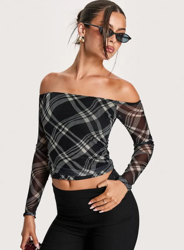 Siarah Off Shoulder Long Sleeve Top Multi Check sold by Princess Polly