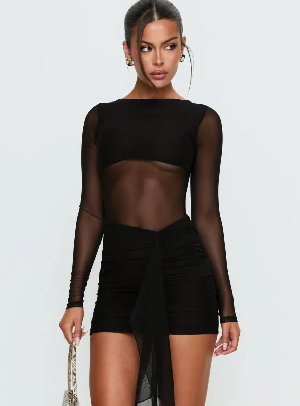 Knowett Long Sleeve Sheer Mini Dress Black sold by Princess Polly