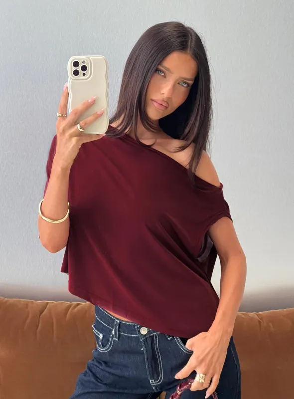 Passerby Asymmetrical Off Shoulder Top Burgundy sold by Princess Polly