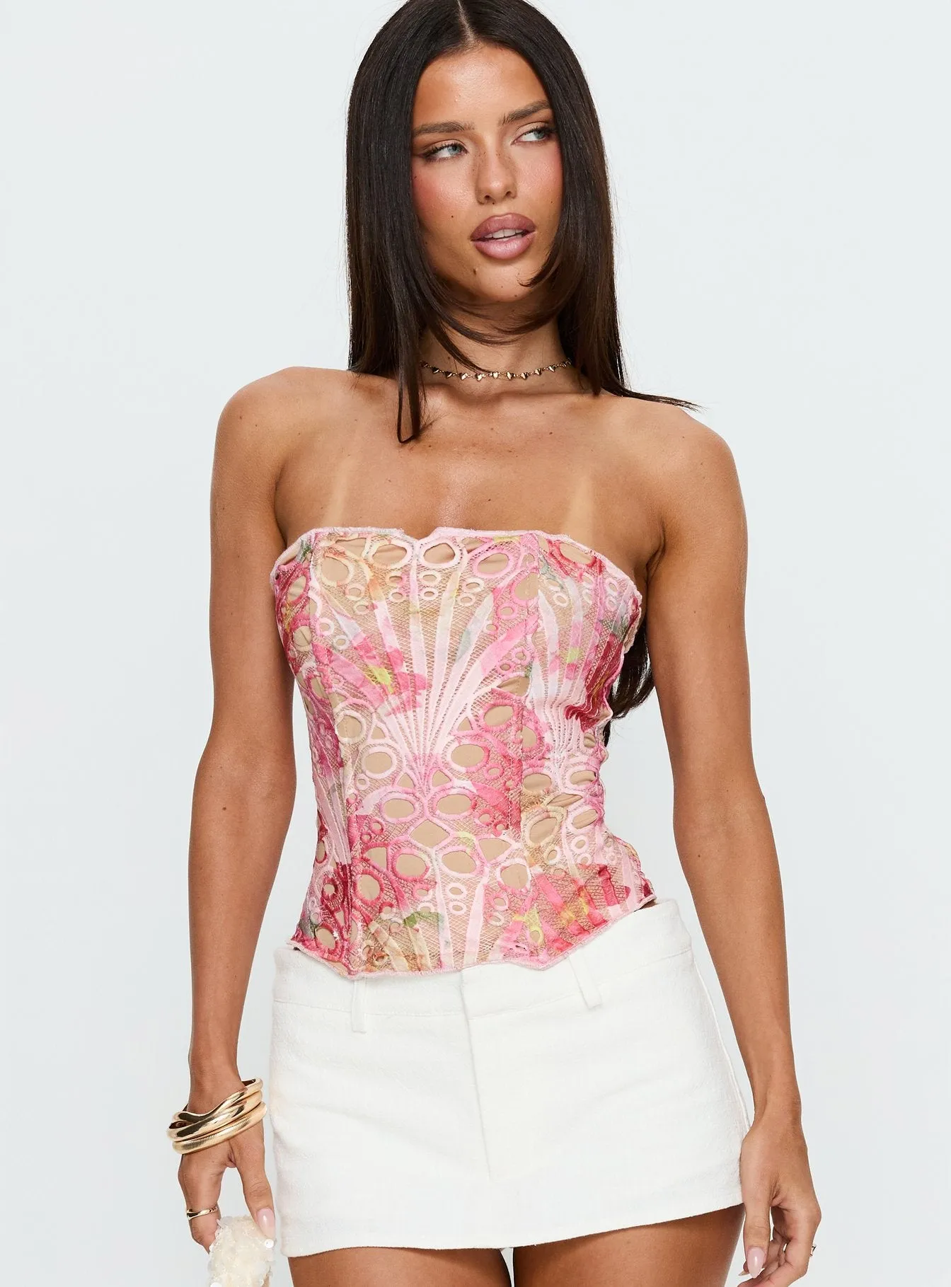Raynelle Strapless Tie Back Corset Top Pink Multi sold by Princess Polly product image thumbnail 2