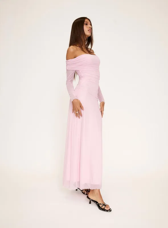Emorissa Off Shoulder Long Sleeve Maxi Dress Soft Pink sold by Princess Polly