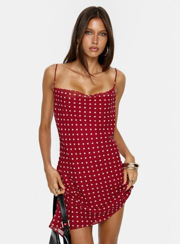 Elisabetta Mini Dress Burgundy Polka Dot sold by Princess Polly