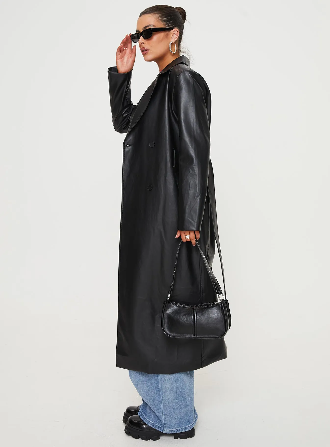 Only For Tonight Faux Leather Trench Coat Black sold by Princess Polly product image thumbnail 4