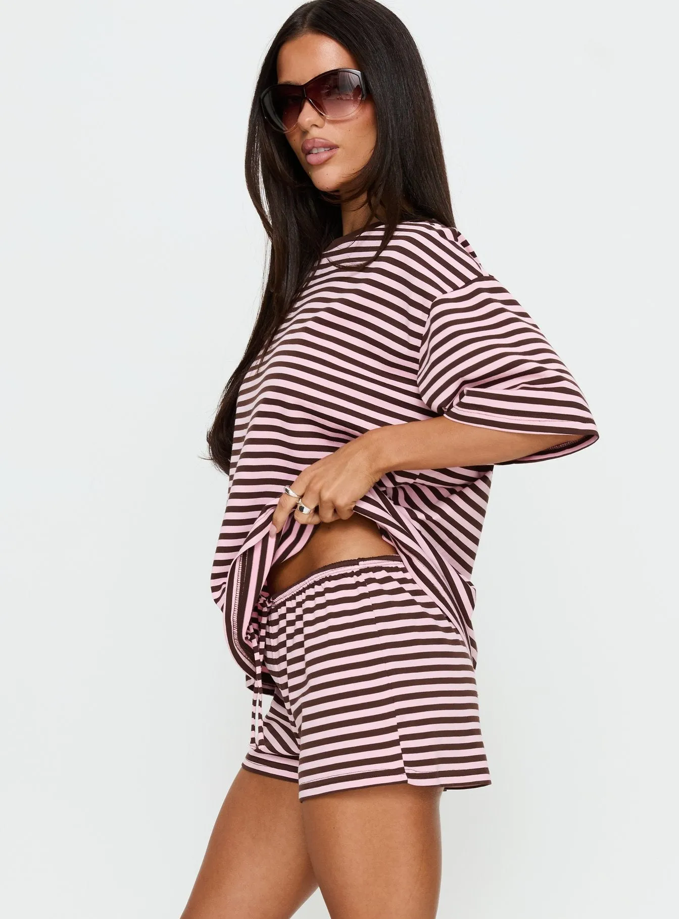 Settle Down Tie Shorts Pink / Brown Stripe sold by Princess Polly product image thumbnail 4