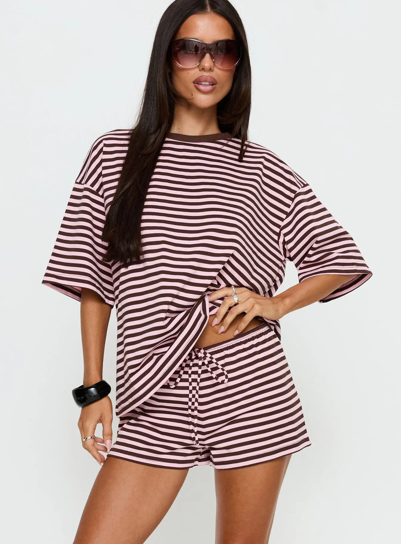 Settle Down Tie Shorts Pink / Brown Stripe sold by Princess Polly product image thumbnail 2