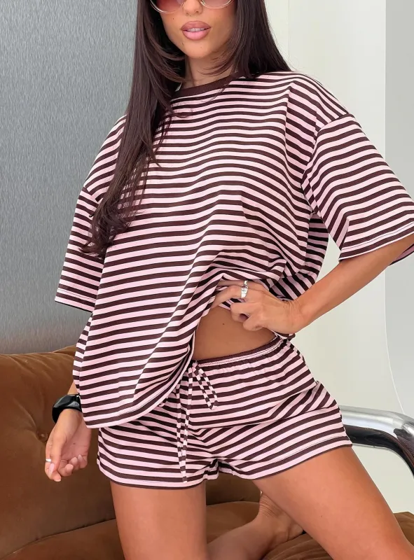 Settle Down Short Sleeve Top Pink / Brown Stripe sold by Princess Polly