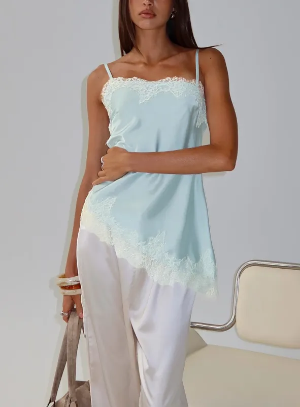 Winta Lace Trim Asymmetrical Satin Top Blue sold by Princess Polly