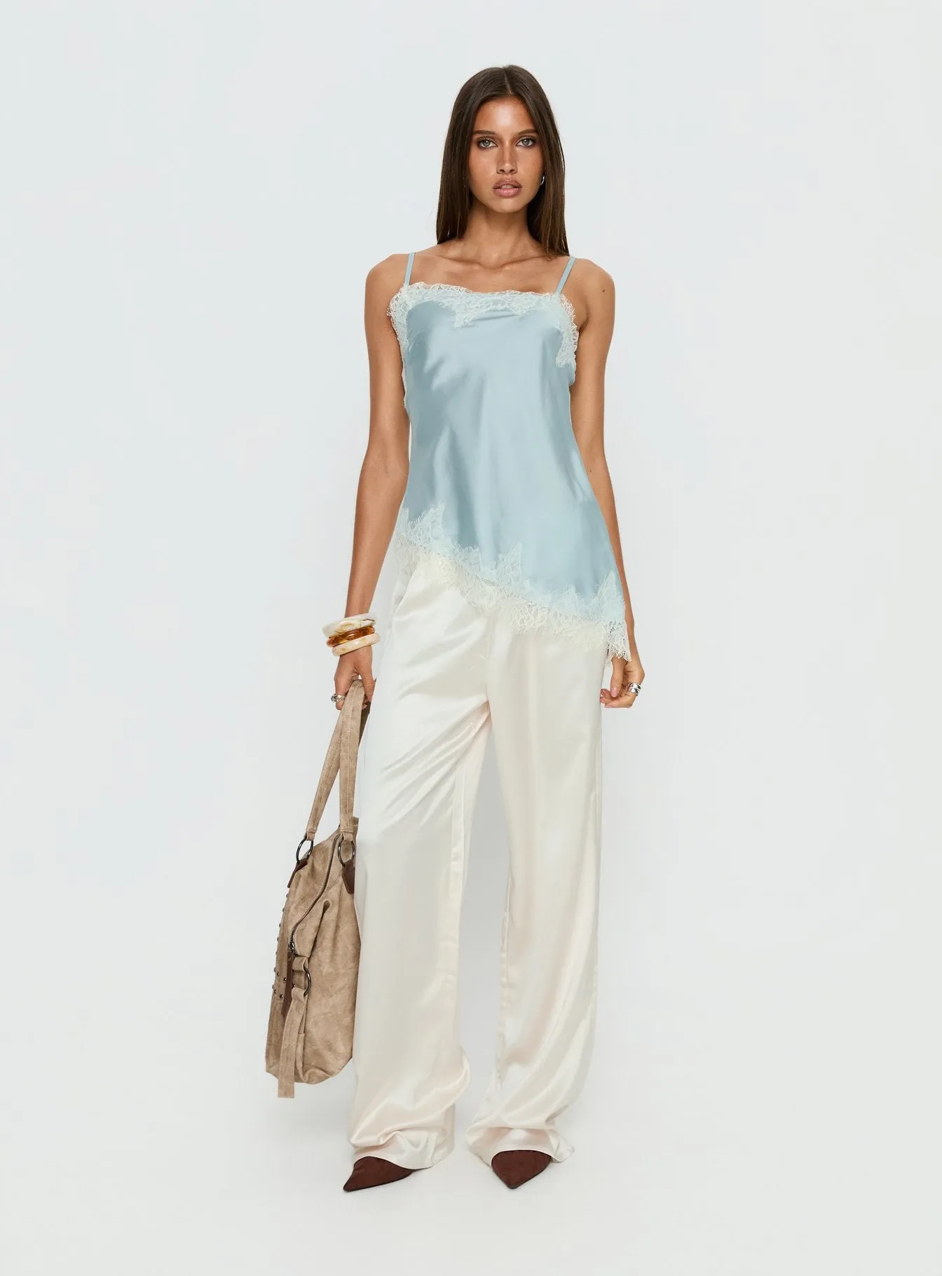 Winta Lace Trim Asymmetrical Satin Top Blue sold by Princess Polly product image thumbnail 3