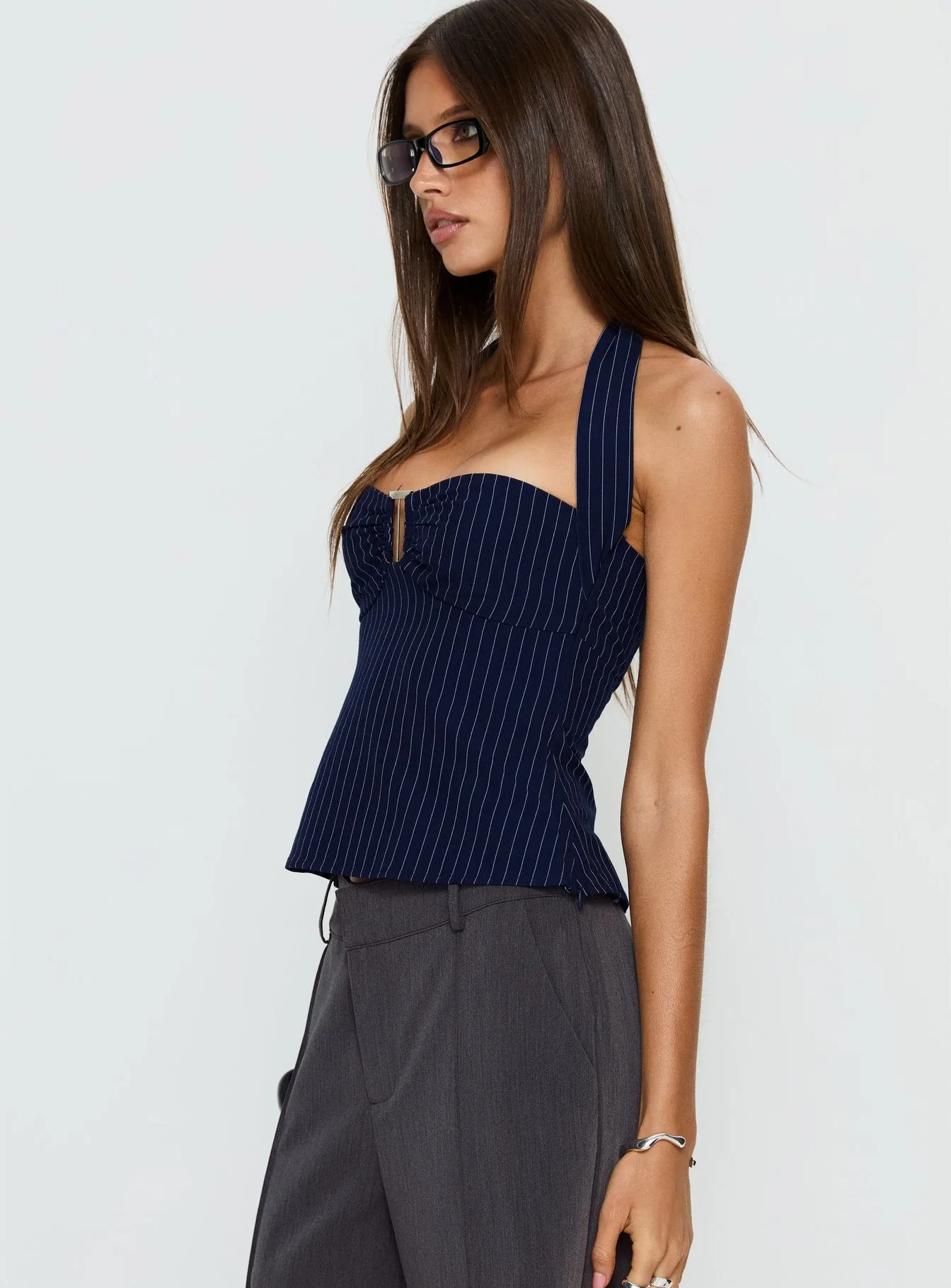 Isabetta Halter Top Navy Pinstripe sold by Princess Polly product image thumbnail 3
