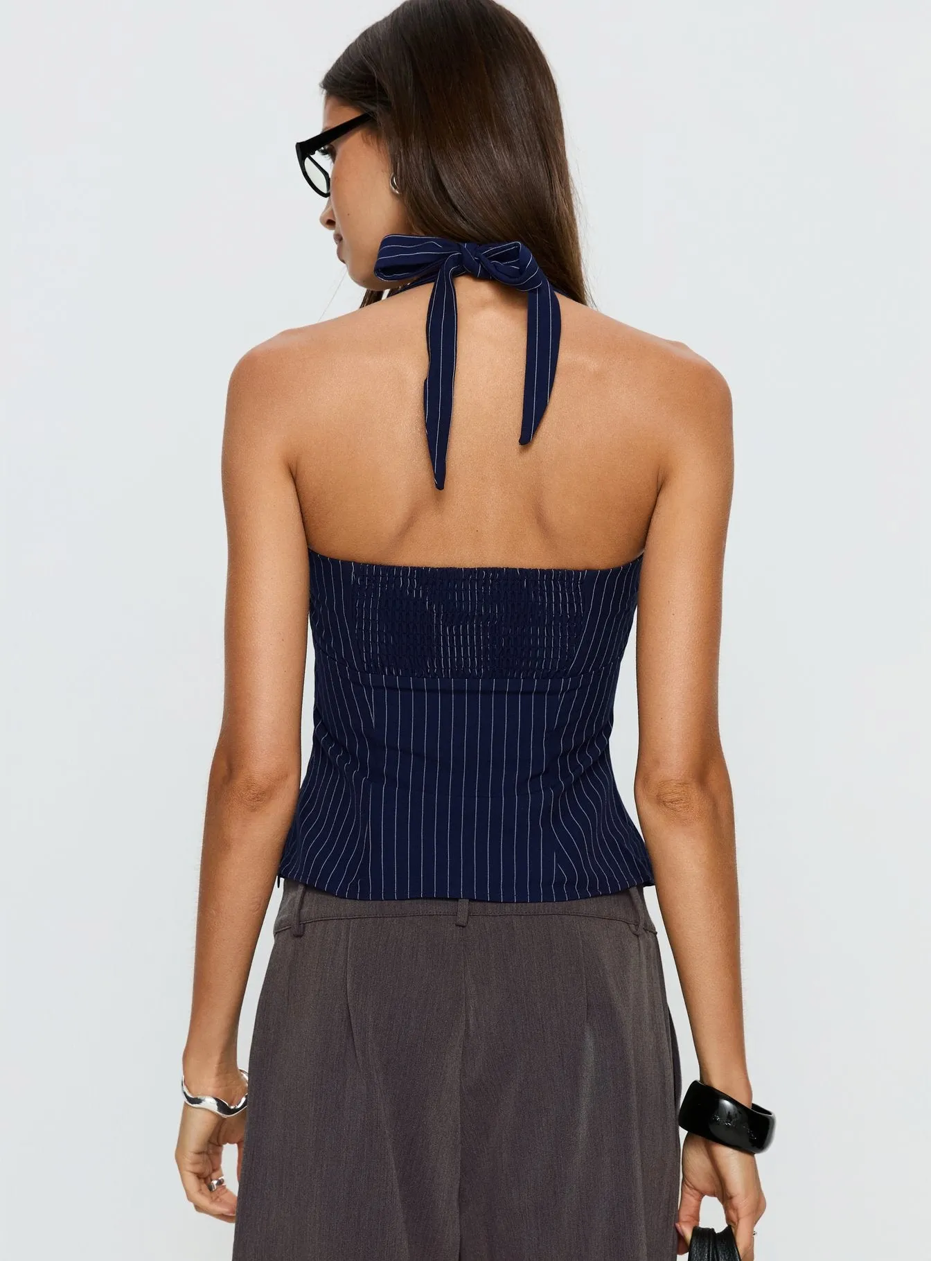 Isabetta Halter Top Navy Pinstripe sold by Princess Polly product image thumbnail 4