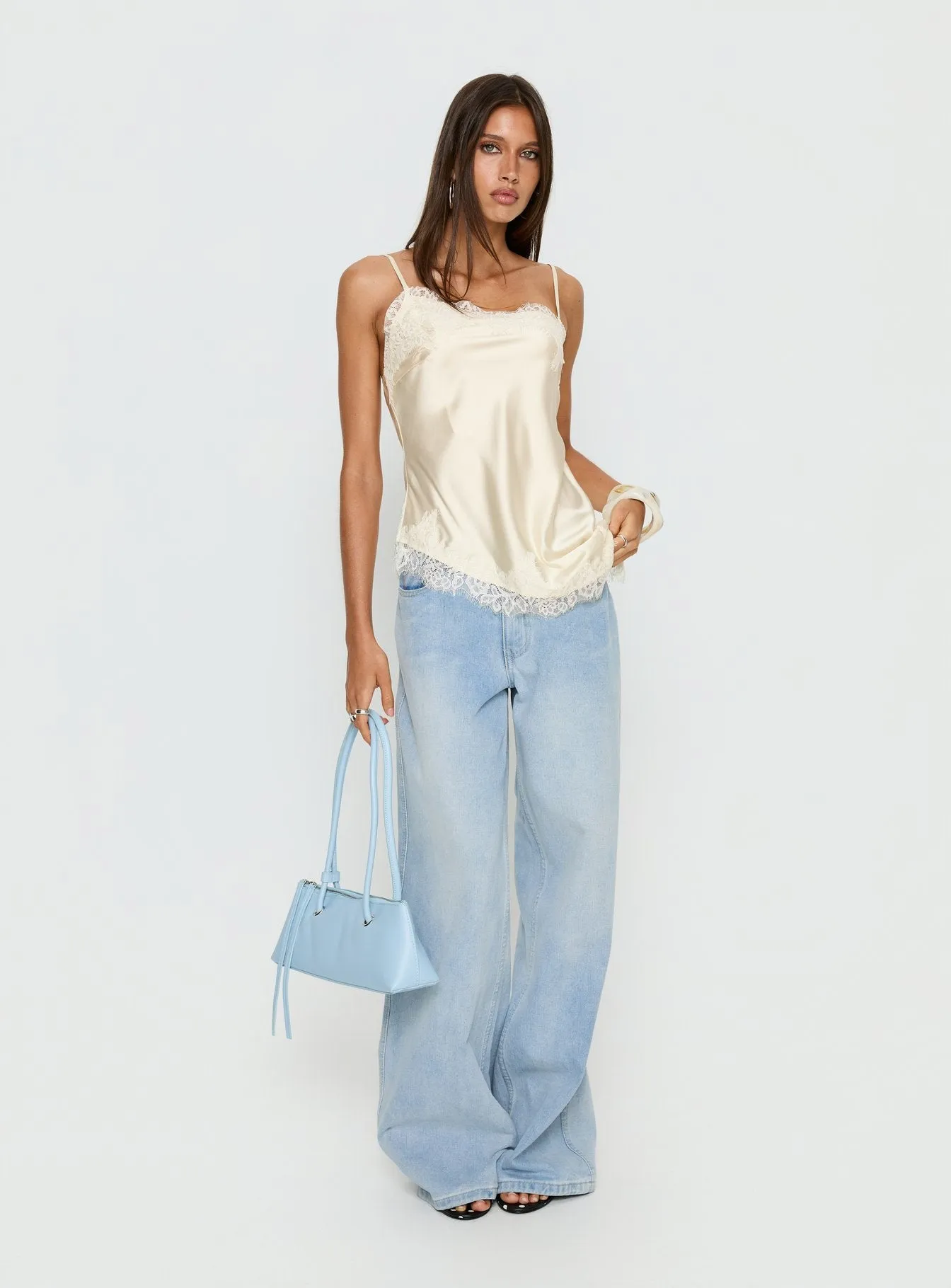 Winta Lace Trim Asymmetrical Satin Top Cream sold by Princess Polly product image thumbnail 3