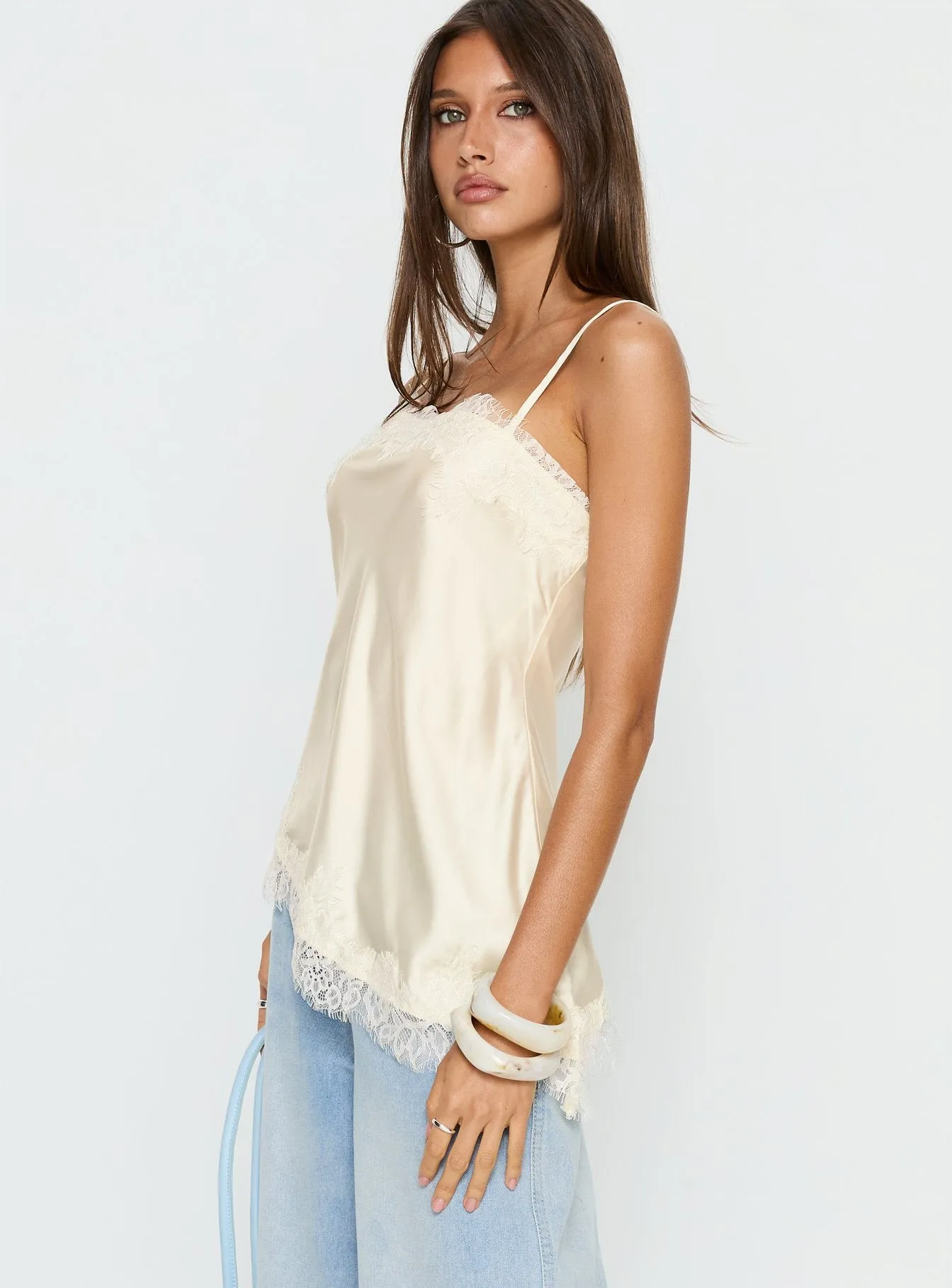 Winta Lace Trim Asymmetrical Satin Top Cream sold by Princess Polly product image thumbnail 4