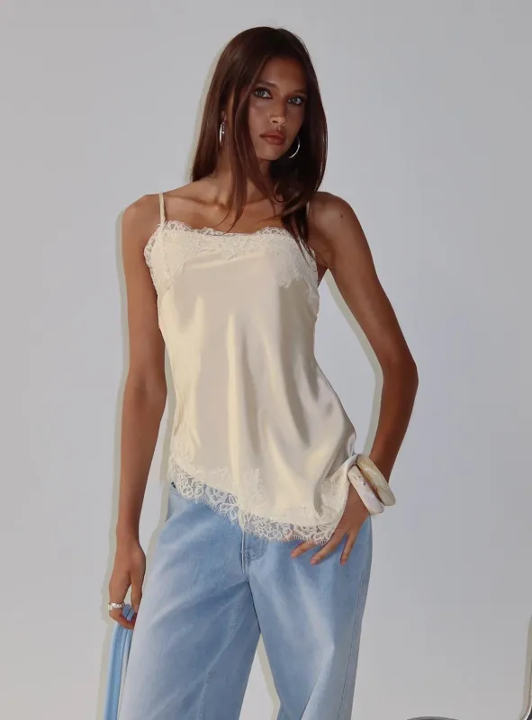 Winta Lace Trim Asymmetrical Satin Top Cream sold by Princess Polly