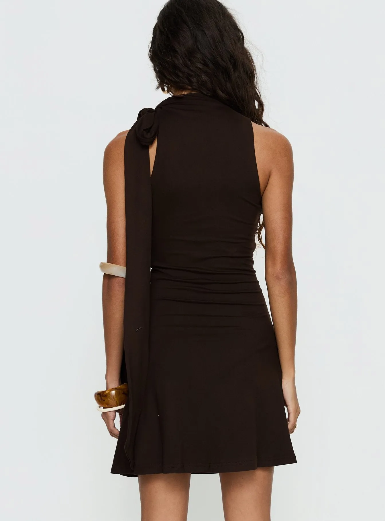 Rafaelia Ruched Scarf Mini Dress Chocolate sold by Princess Polly product image thumbnail 4