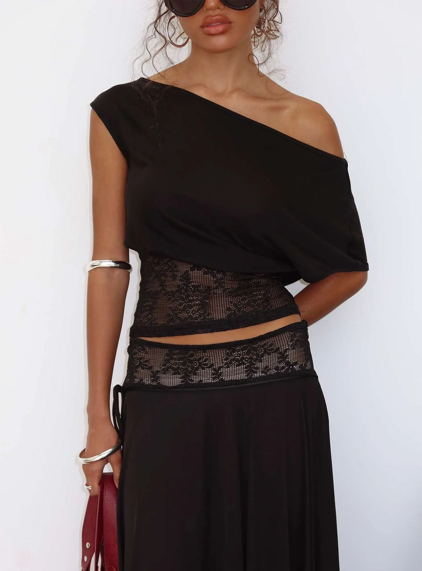 Marienna One Shoulder Lace Top Black sold by Princess Polly