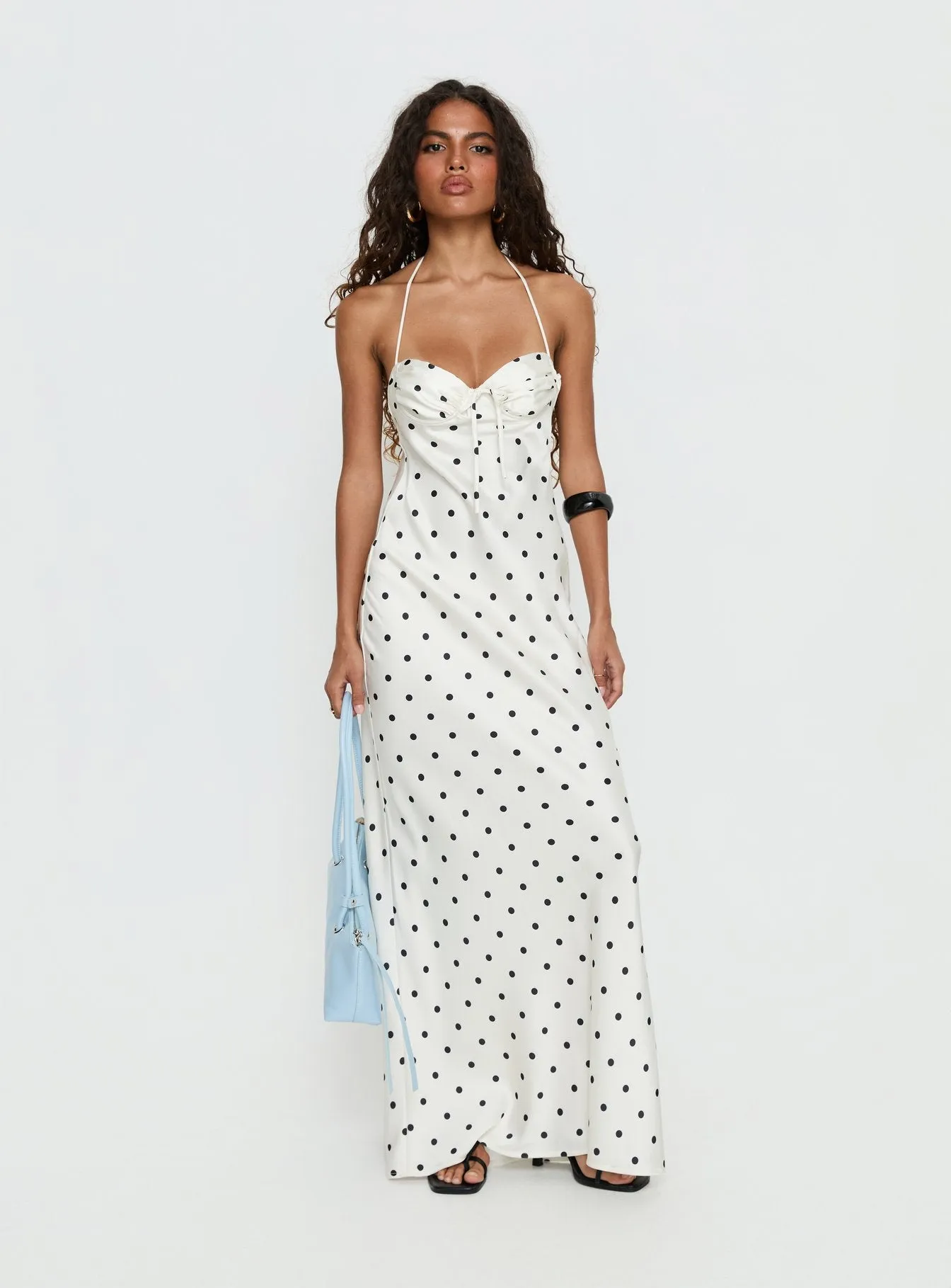 Costella Halter Satin Maxi Dress Cream Polka Dot sold by Princess Polly product image thumbnail 3