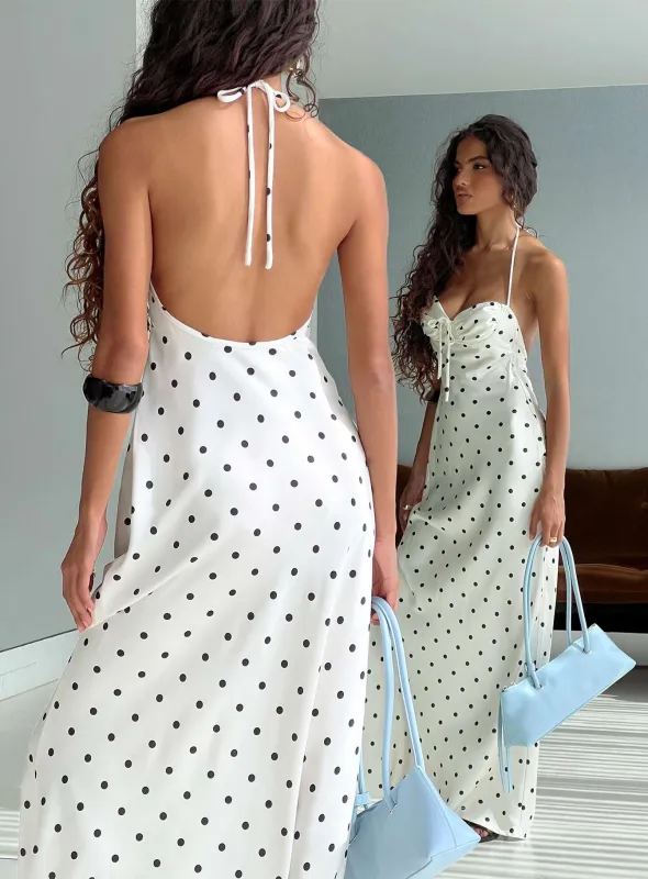 Costella Halter Satin Maxi Dress Cream Polka Dot sold by Princess Polly