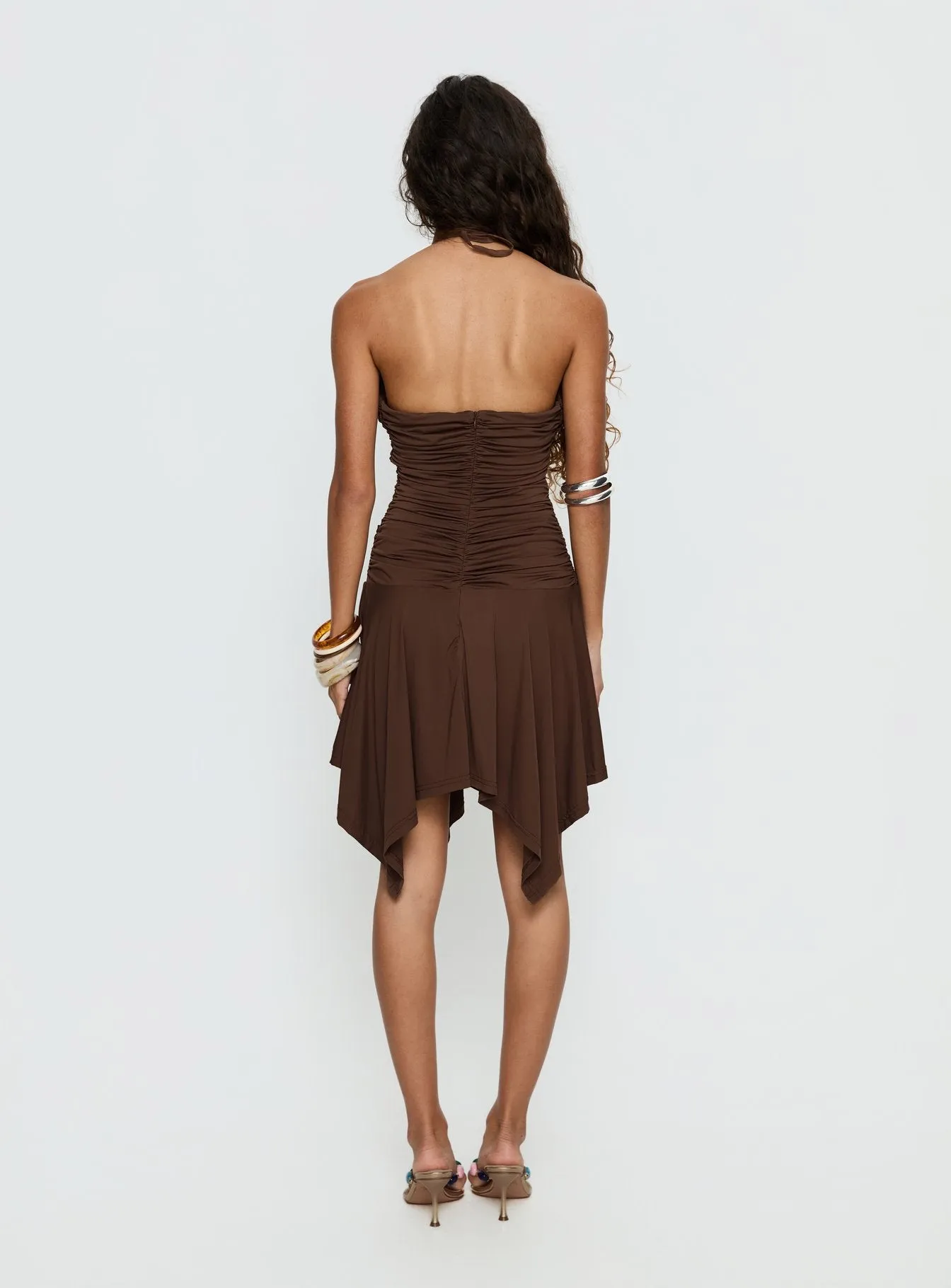 Angiana Halter Asymmetrical Mini Dress Chocolate Brown sold by Princess Polly product image thumbnail 5