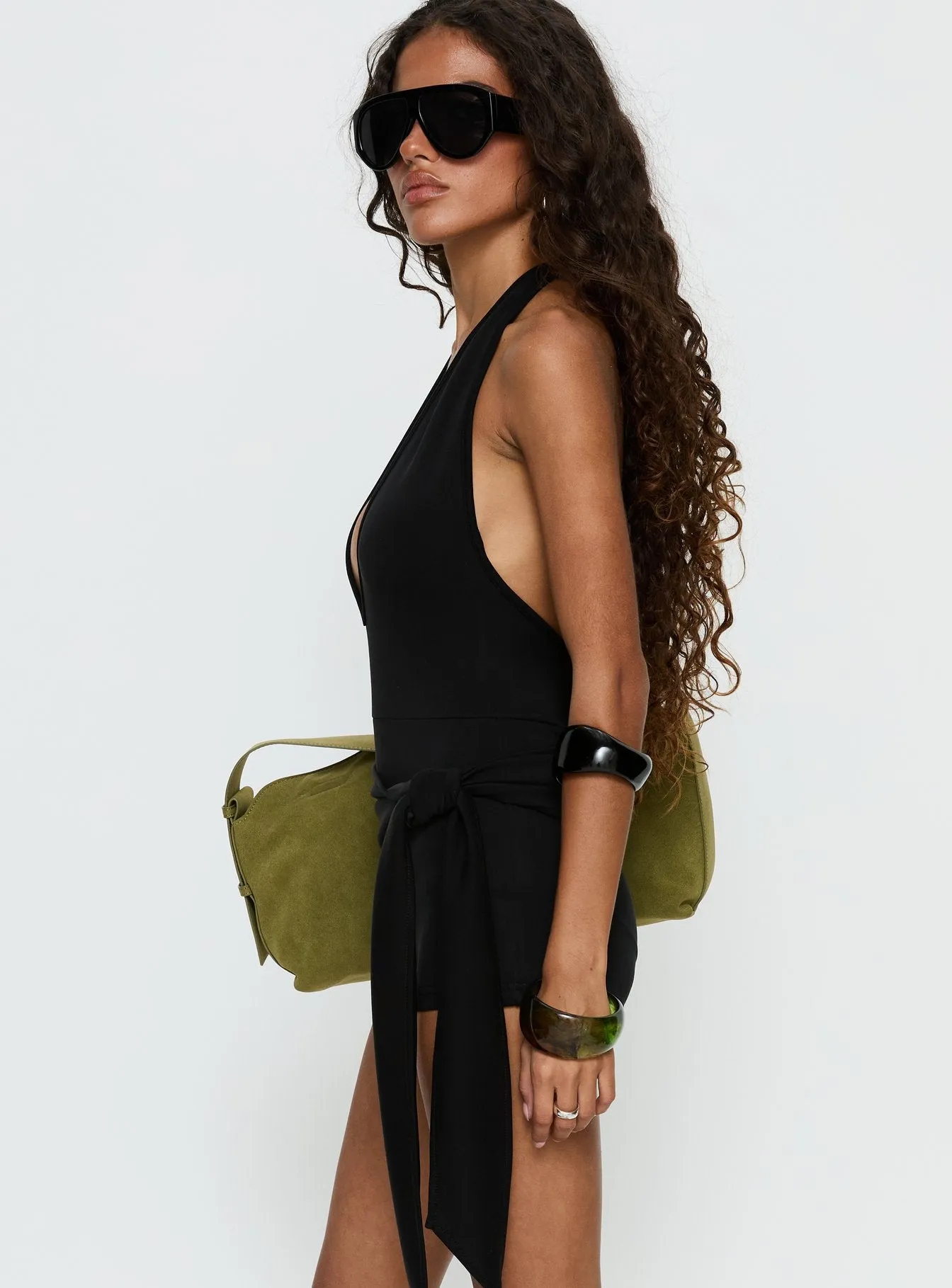 Relina Plunge Neck Halter Playsuit Black sold by Princess Polly product image thumbnail 4