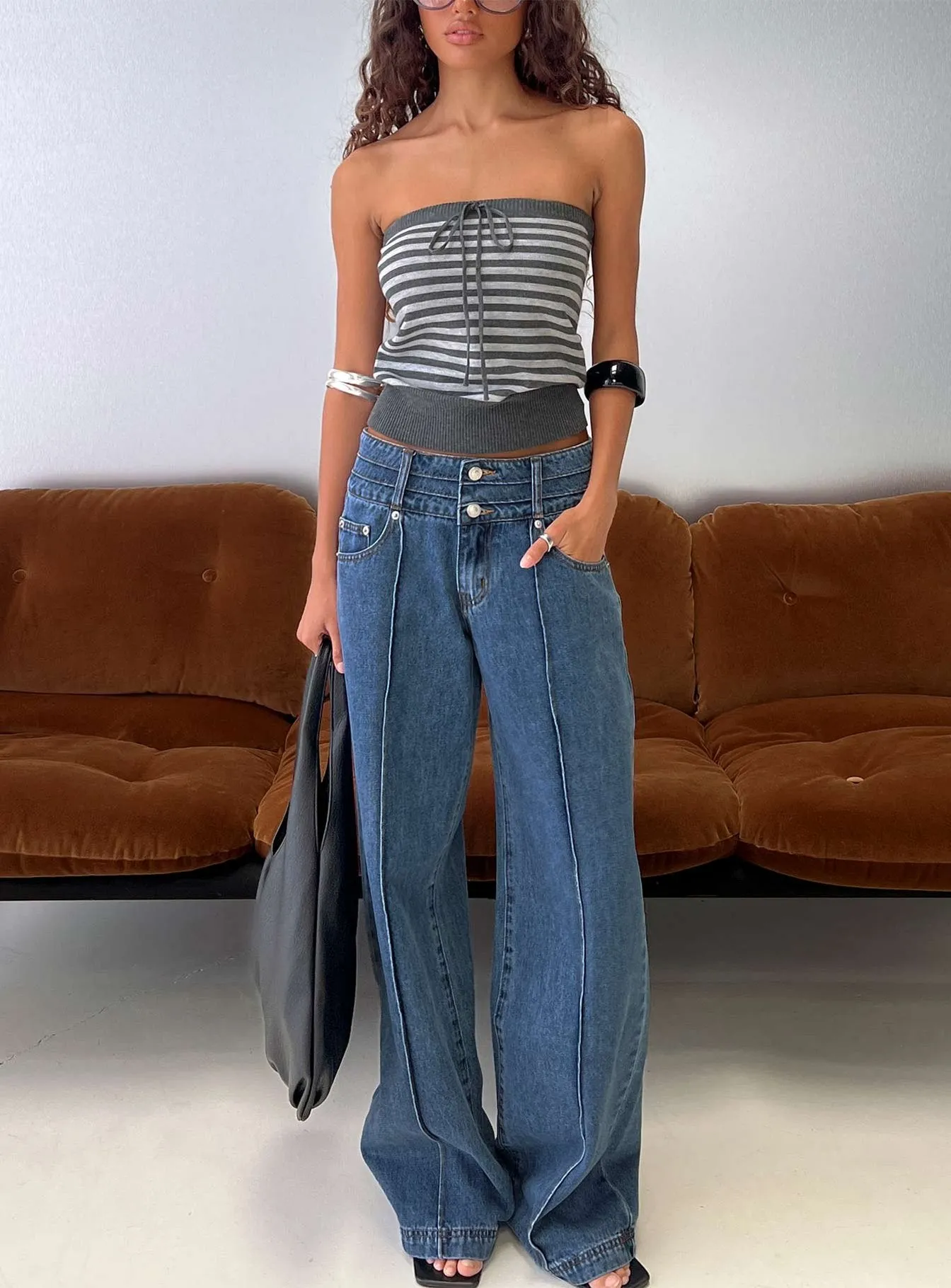 Hannalee Low Rise Wide Leg Jeans Mid Blue Wash sold by Princess Polly