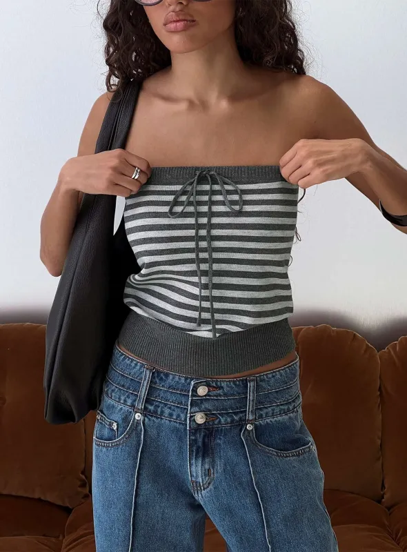 Lissey Strapless Knit Top Grey Stripe sold by Princess Polly