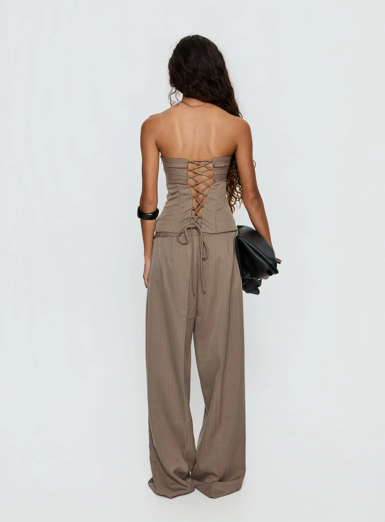 Madelle Strapless Tie Up Top Brown Pinstripe sold by Princess Polly product image thumbnail 5