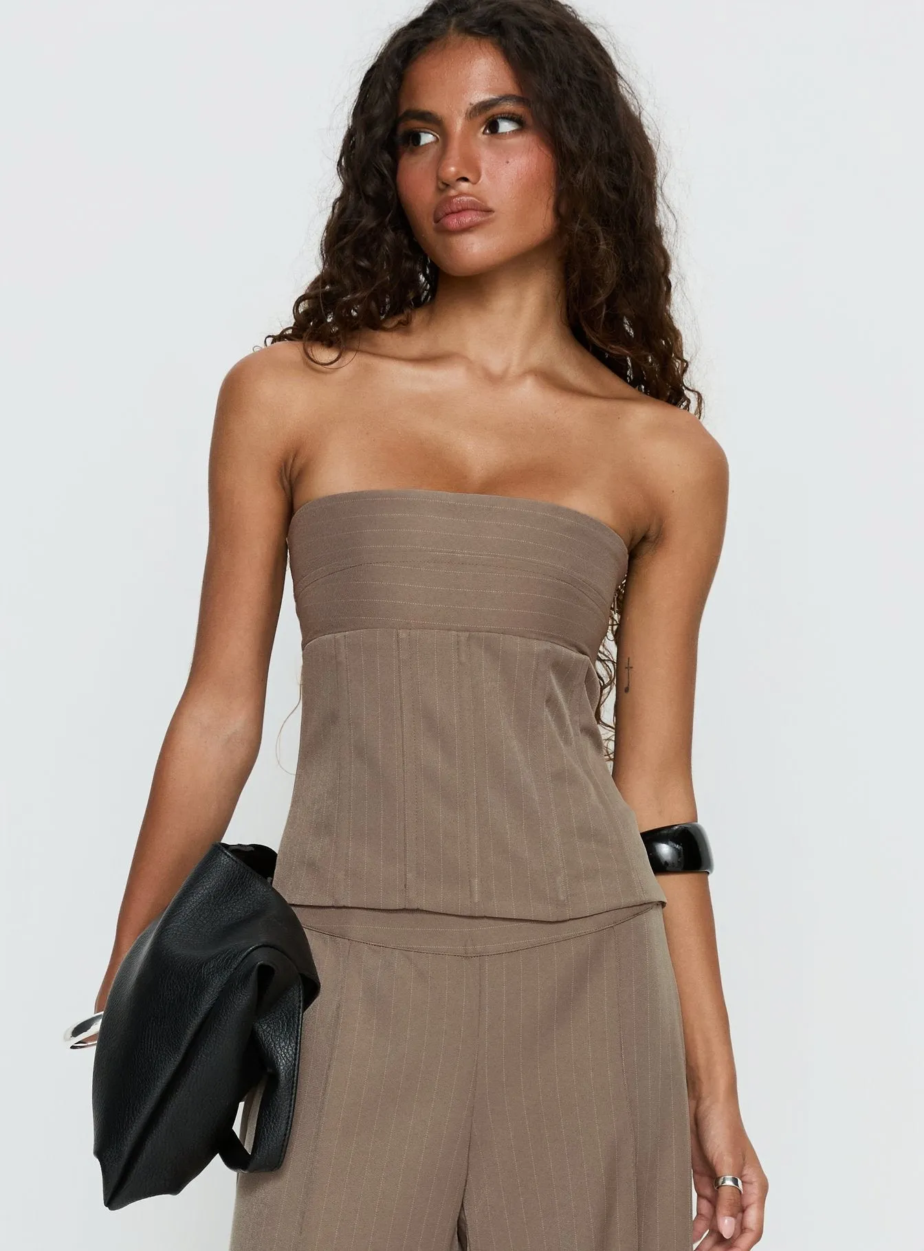 Madelle Strapless Tie Up Top Brown Pinstripe sold by Princess Polly product image thumbnail 2