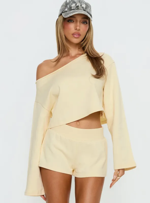 Retreat Raw Edge Off Shoulder Jumper Buttercream sold by Princess Polly