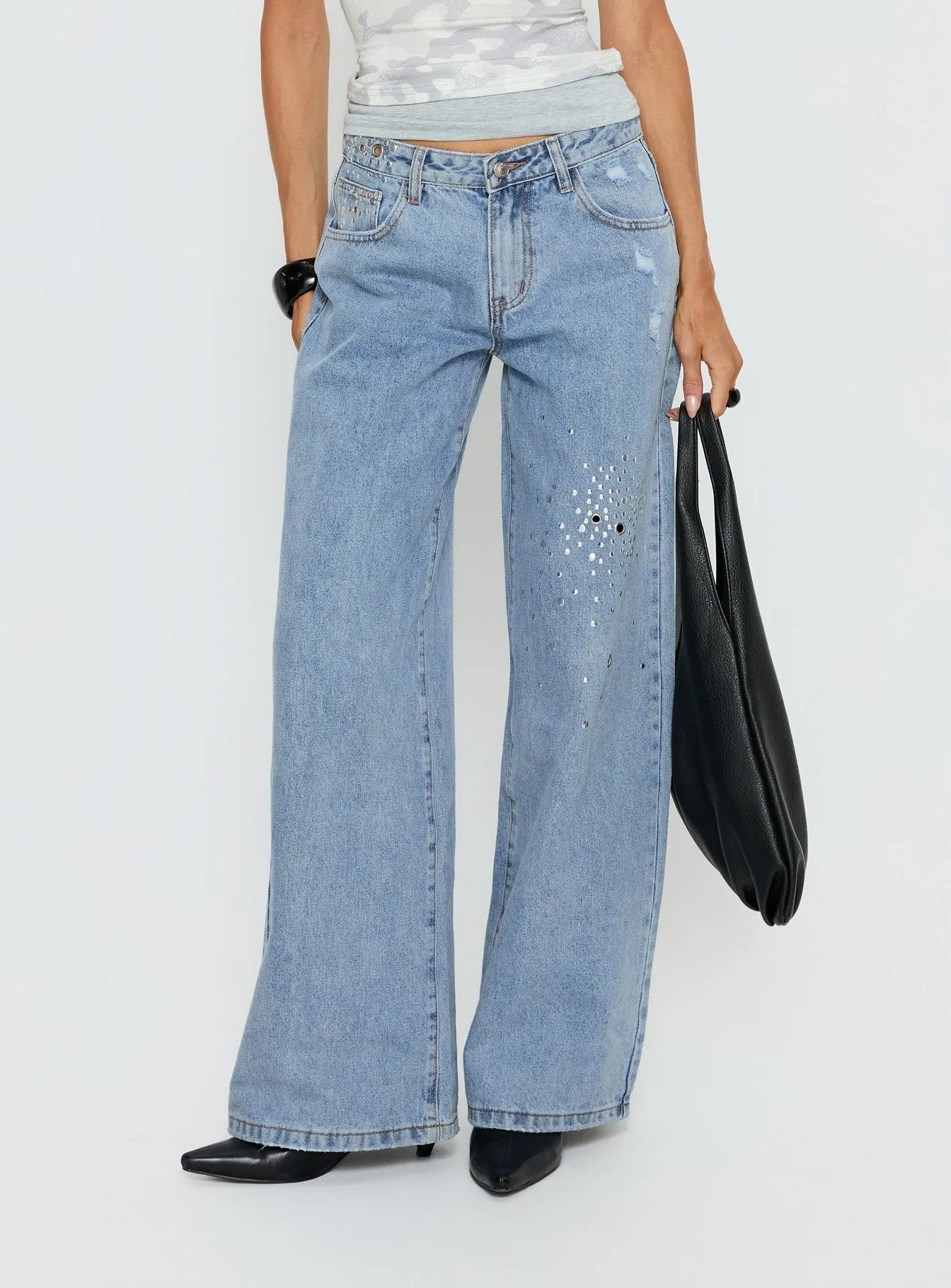 Candi Mid Rise Wide Leg Studded Jeans Light Blue Wash sold by Princess Polly product image thumbnail 2