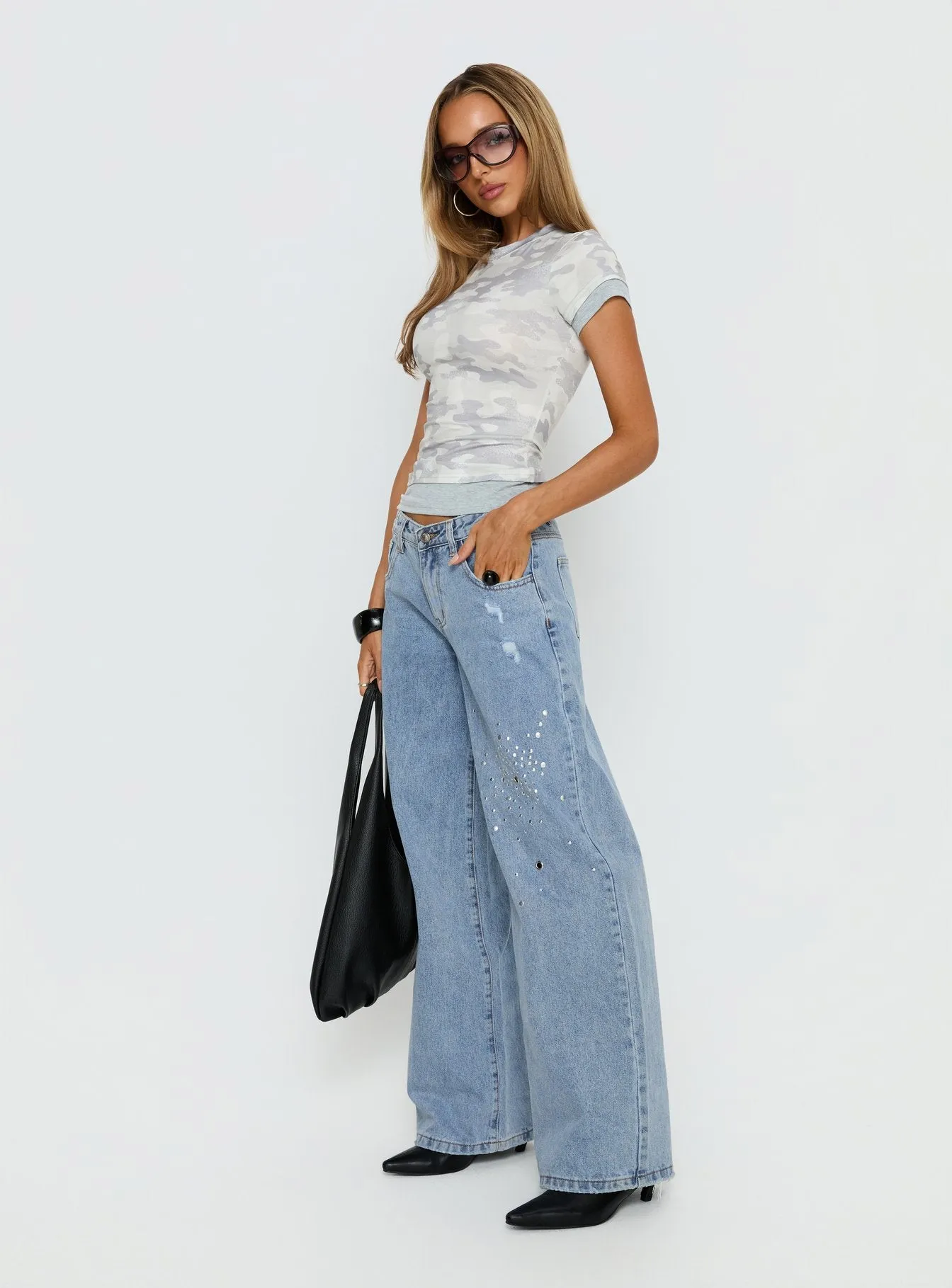 Candi Mid Rise Wide Leg Studded Jeans Light Blue Wash sold by Princess Polly product image thumbnail 4