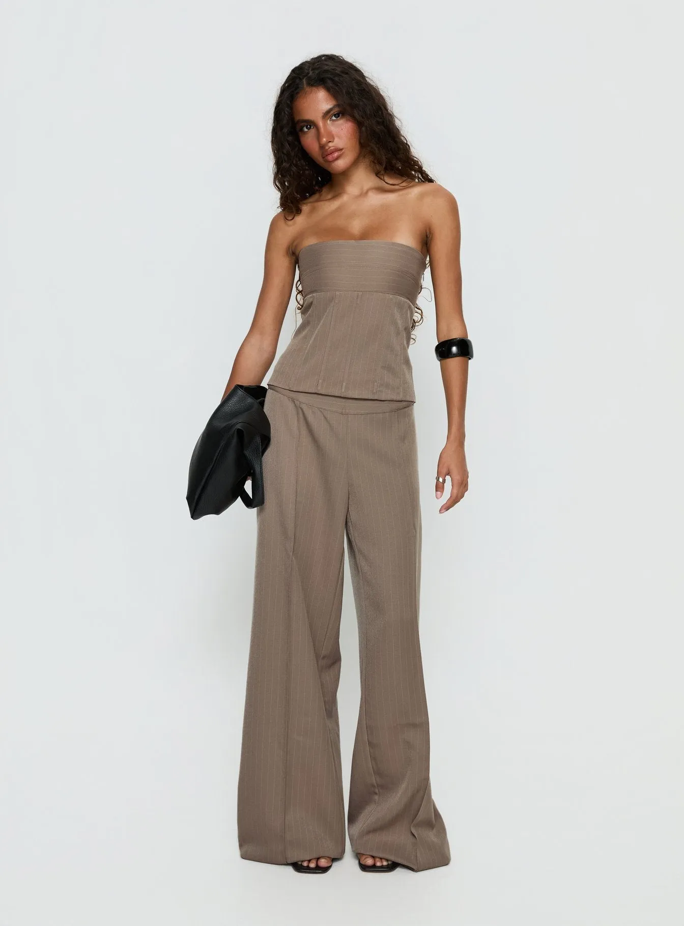 Madelle Mid Rise Straight Leg Pants Brown Pinstripe sold by Princess Polly product image thumbnail 3