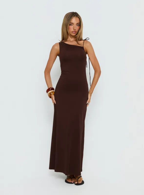 Lorinna Tie Shoulder Maxi Dress Brown sold by Princess Polly