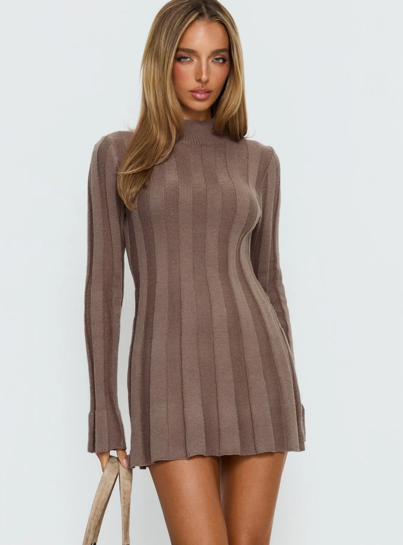 Carlee Rib Long Sleeve Mini Dress Mocha sold by Princess Polly