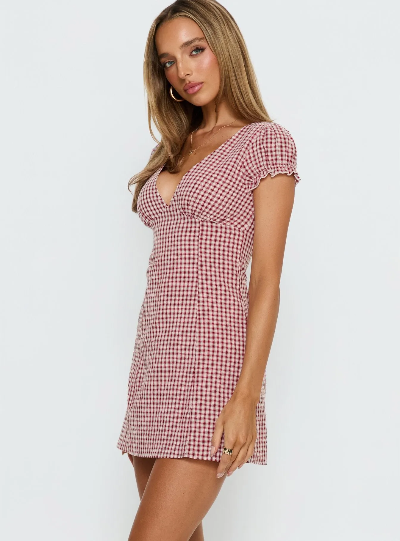 Mystee Plunge Neck Playsuit Burgundy Gingham sold by Princess Polly product image thumbnail 4