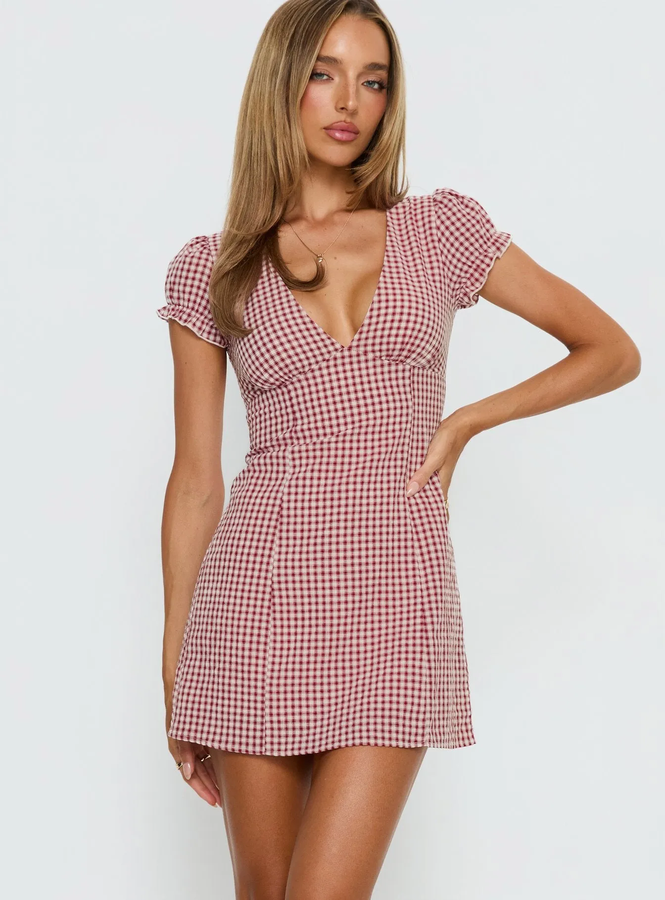 Mystee Plunge Neck Playsuit Burgundy Gingham sold by Princess Polly product image thumbnail 2