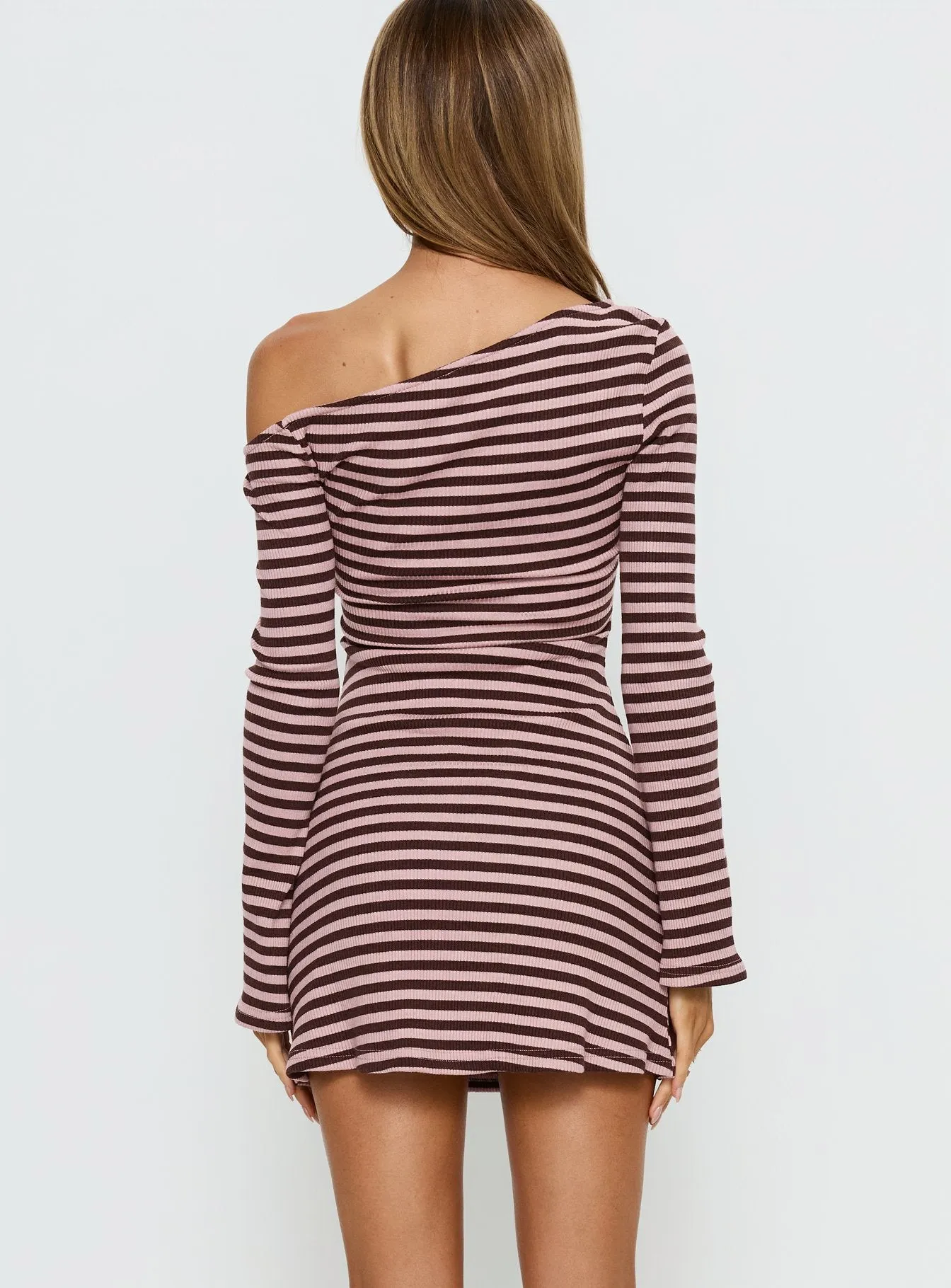 Adrietta Long Sleeve Off Shoulder Knit Mini Dress Chocolate / Pink Stripe sold by Princess Polly product image thumbnail 4