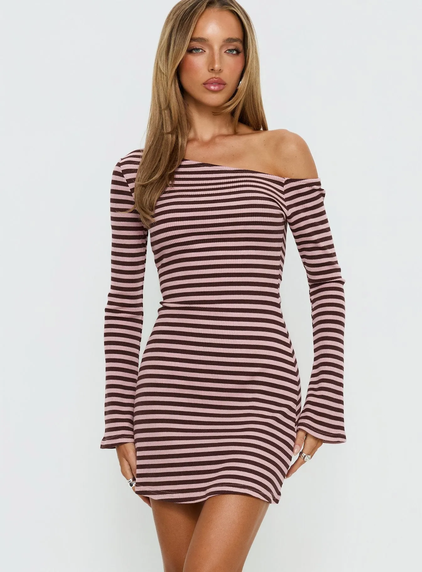 Adrietta Long Sleeve Off Shoulder Knit Mini Dress Chocolate / Pink Stripe sold by Princess Polly
