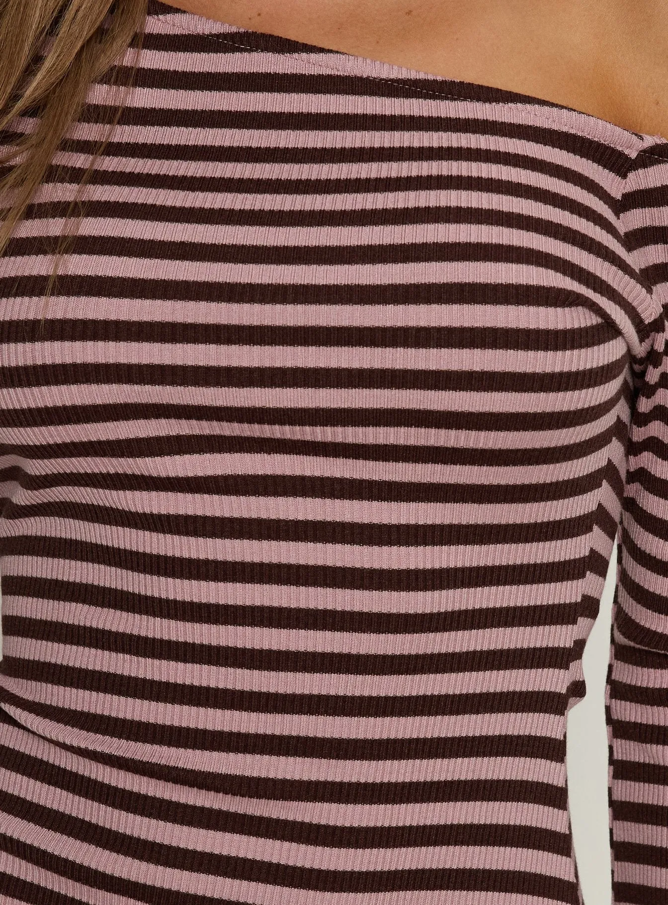 Adrietta Long Sleeve Off Shoulder Knit Mini Dress Chocolate / Pink Stripe sold by Princess Polly product image thumbnail 5