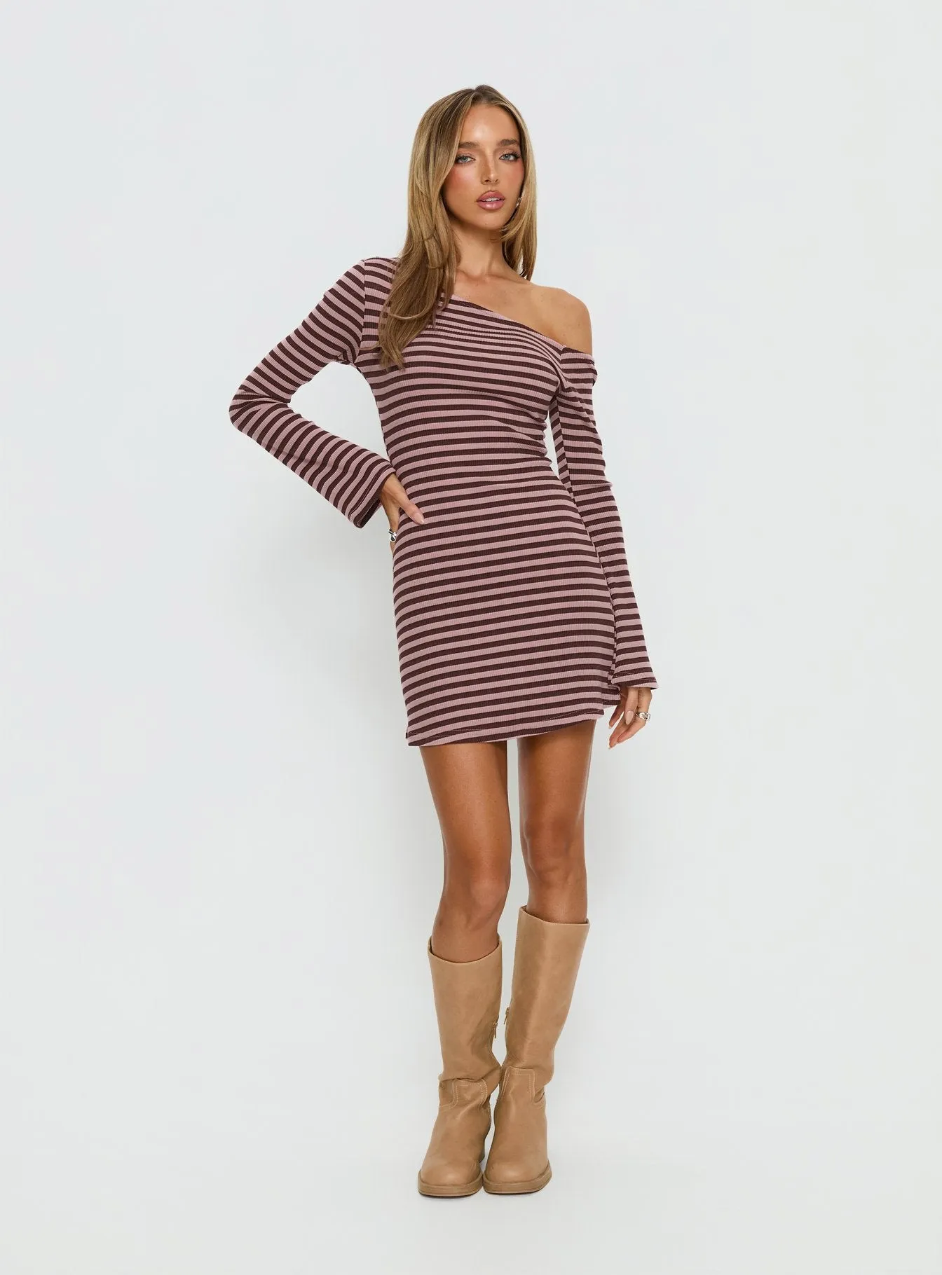 Adrietta Long Sleeve Off Shoulder Knit Mini Dress Chocolate / Pink Stripe sold by Princess Polly product image thumbnail 2