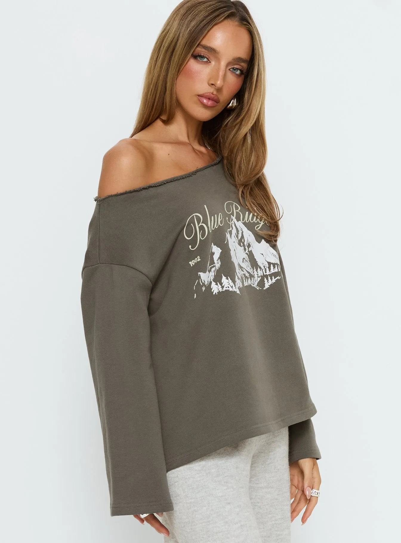 Blue Ridge Mountains Off Shoulder Graphic Sweater Grey sold by Princess Polly product image thumbnail 4