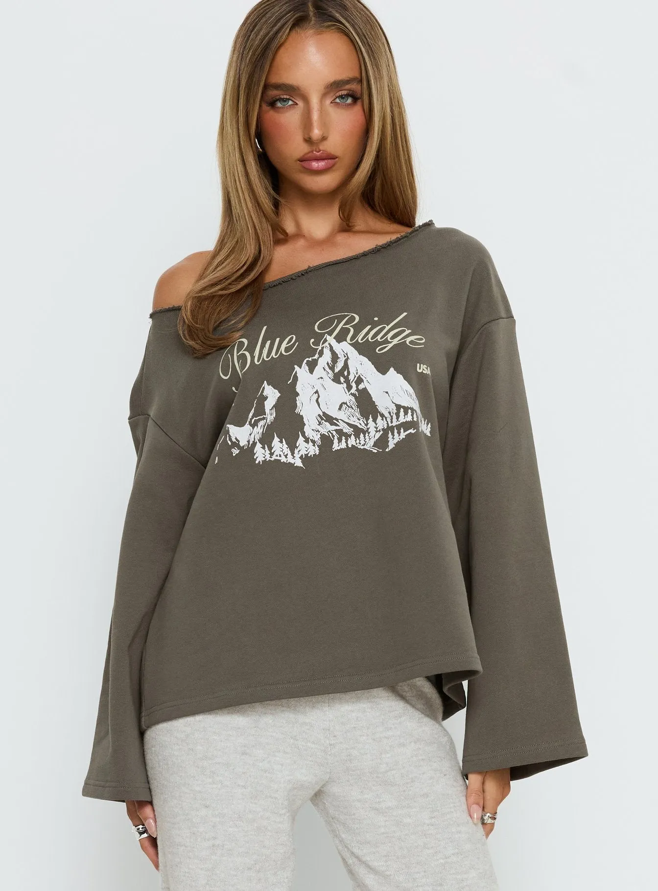 Blue Ridge Mountains Off Shoulder Graphic Sweater Grey sold by Princess Polly product image thumbnail 2