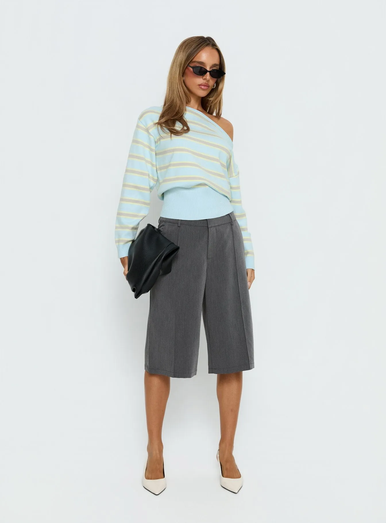 Zinia Off Shoulder Knit Sweater Grey / Blue Stripe sold by Princess Polly product image thumbnail 3