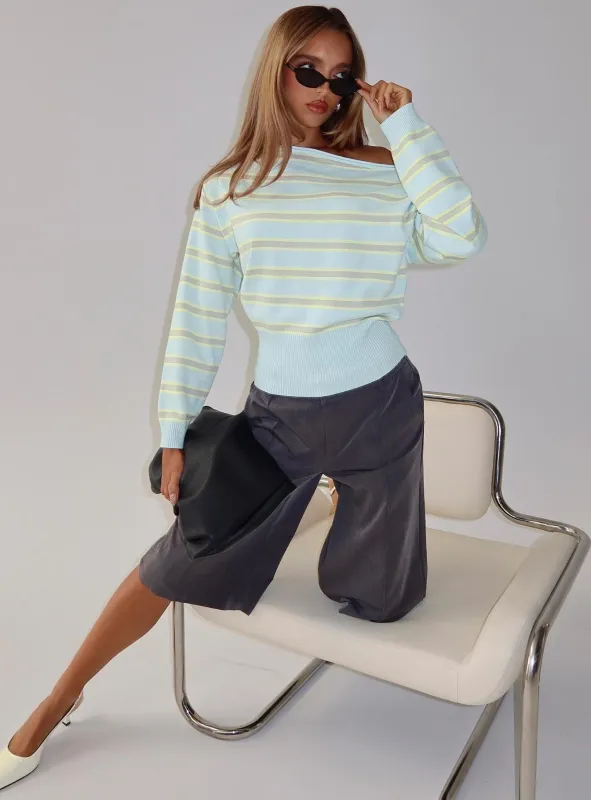 Zinia Off Shoulder Knit Sweater Grey / Blue Stripe sold by Princess Polly