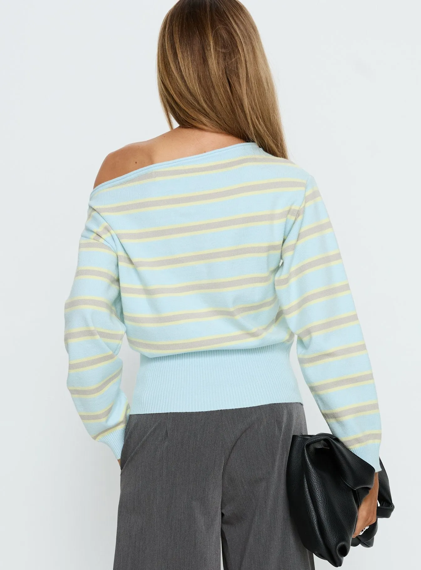 Zinia Off Shoulder Knit Sweater Grey / Blue Stripe sold by Princess Polly product image thumbnail 5