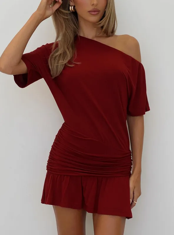 Haylo Off Shoulder Drape Mini Dress Burgundy sold by Princess Polly
