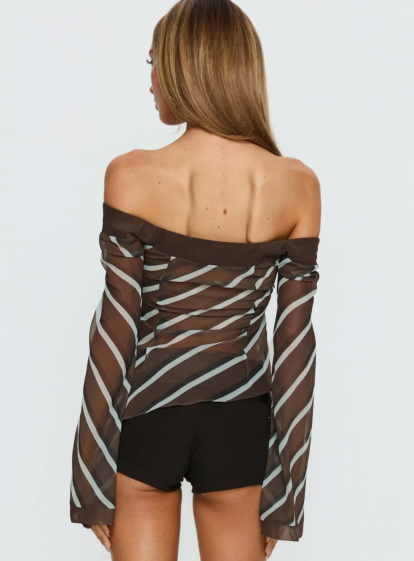 Trinkie Long Sleeve Off Shoulder Chiffon Top Navy Stripe sold by Princess Polly product image thumbnail 5