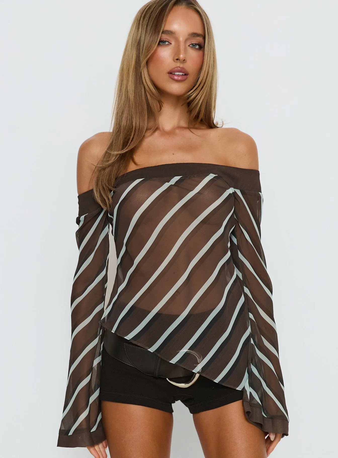 Trinkie Long Sleeve Off Shoulder Chiffon Top Navy Stripe sold by Princess Polly product image thumbnail 2