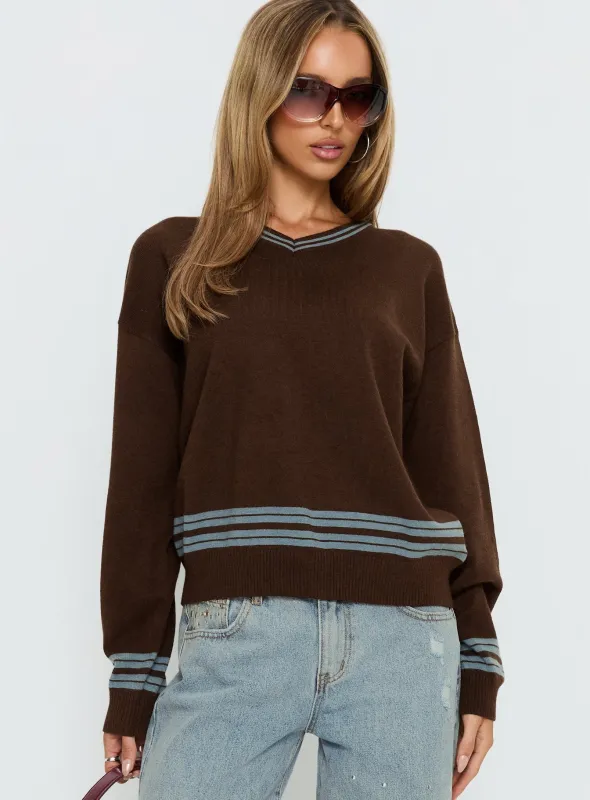 Yarnia V Neck Jumper Brown / Blue sold by Princess Polly