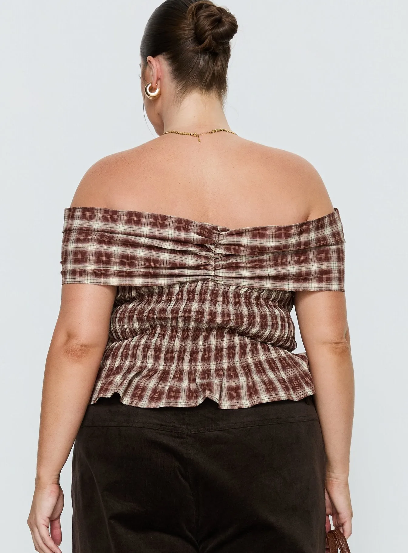 Avalynn Off Shoulder Shirred Top Brown Check Curve sold by Princess Polly product image thumbnail 4