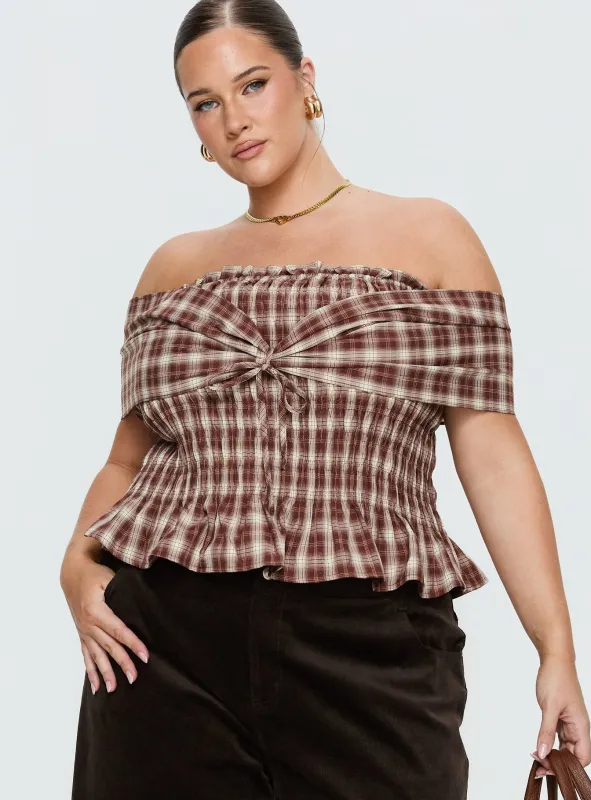 Avalynn Off Shoulder Shirred Top Brown Check Curve made by Princess Polly